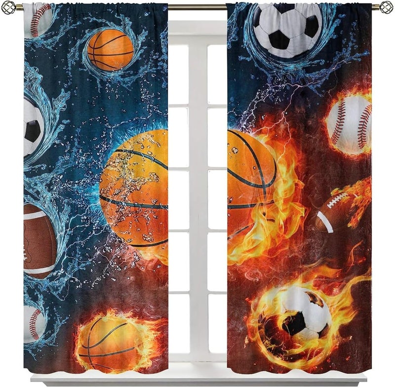 YCness Boys Sports Kids Curtains for Bedroom, Fire Basketball Football Soccer 3D Ball Window Treatments for Living Room,Teen Boys Girls Room Decor Drapes 2 Panel Sets,42x54 Inch - Image 3